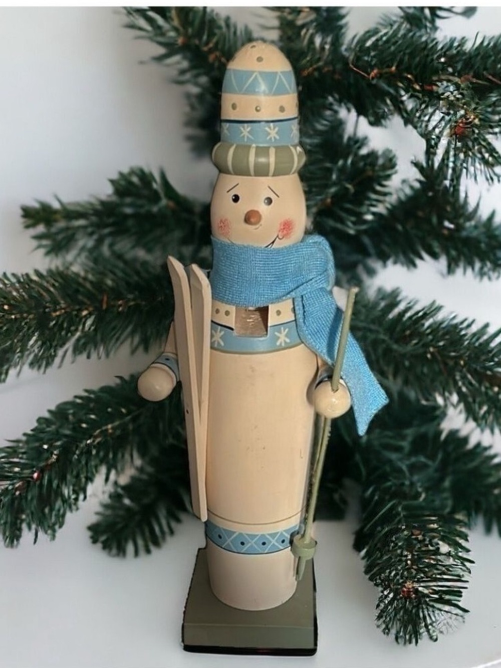 Vintage Snowman Skier Nutcracker Figurine Resin 15” Light Blue and Cream